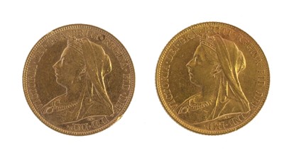 Lot 185 - 2x Victoria, Sovereigns 1894 and 1899M, obv....