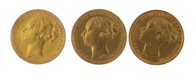 Lot 176 - 3x Victoria, Sovereigns, 1875, 1878, and 1880;...