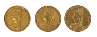 Lot 182 - 3x Victoria Sovereigns, 1888, 1892 and 1901;...