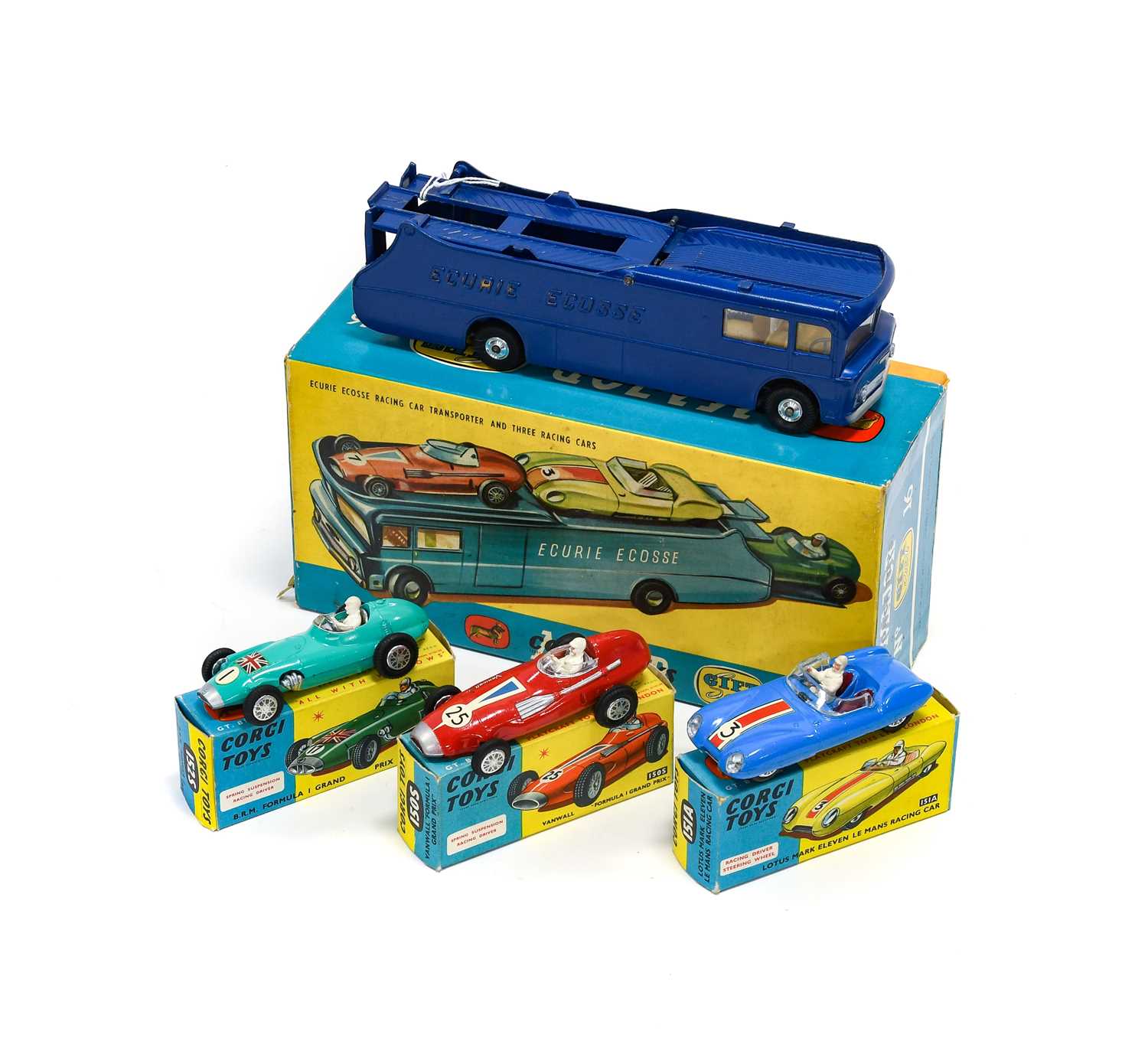 Lot 248 - Corgi Gift Set No.16 Racing Car Transporter And Three Racing Cars