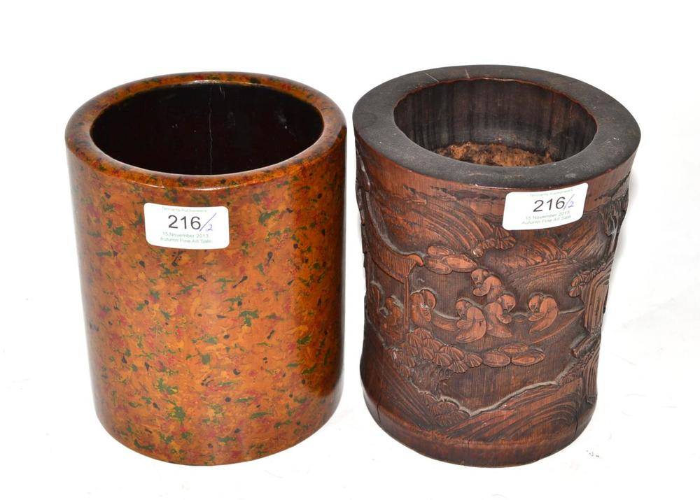 Lot 216 - A Chinese Bamboo Brush Pot (Bitong), Qing Dynasty, carved with figures in a mountainous...