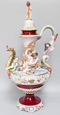 Lot 347 - A Large Capodimonte Ewer and Cover, moulded...