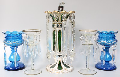 Lot 299 - A Bohemian Emerald Green Glass Table Lustre,...