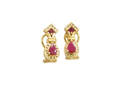 Lot 41 - A Pair of Ruby and Diamond Earrings, with post...