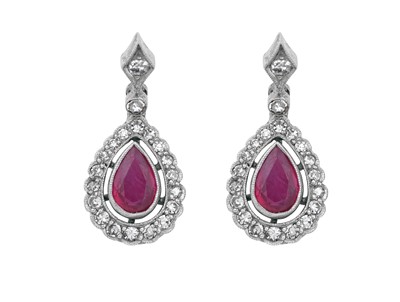 Lot 2154 - A Pair of Ruby and Diamond Drop Earrings a...