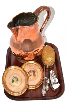 Lot 11 - A copper jug, Dutch brass snuff box, pair of small oval miniatures, two button hooks and a nail...