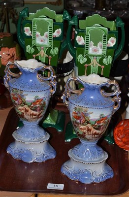 Lot 16 - A pair of Eichwald Art Nouveau vases and a pair of Staffordshire vases (a.f.)