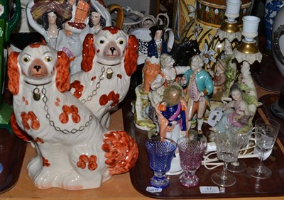 Lot 17 - Seven Staffordshire figures, Capodimonte figure group, two lamps and five glasses