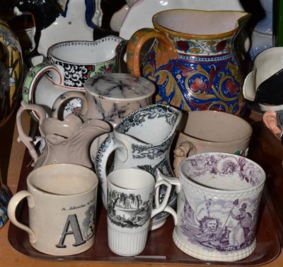 Lot 18 - A Maiolica lustre jug, a honey jar, quantity of mugs and jugs
