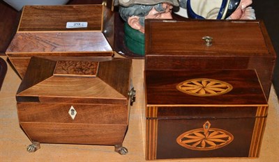 Lot 29 - Two 19th century mahogany tea caddies, a rosewood tea caddy and a small mahogany box (4)