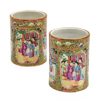 Lot 129 - A Pair of Cantonese Porcelain Brush Pots...