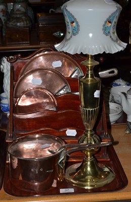 Lot 37 - Copper pans, lamp and a stationery box