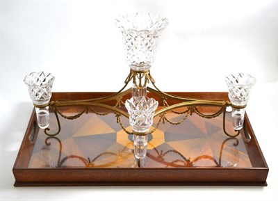 Lot 39 - Cut glass and gilt metal table centrepiece and a parquetry tray