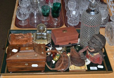 Lot 44 - A tray of ornamental items including a brass inkwell, two shot flasks, a soda siphon, a...