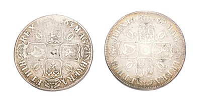 Lot 65 - 2x Charles II Crowns, to include: 1662, edge...