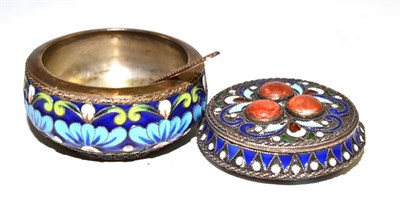 Lot 61 - A Russian enamelled salt, with spoon, also a similar miniature compact, both bear Russian...
