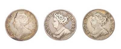 Lot 110 - 3x Anne, Shillings, comprising: shilling 1705,...