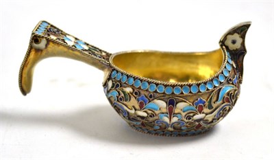 Lot 72 - A Russian enamelled kovsh, of typical form with gilt lining, bears Russian silver marks