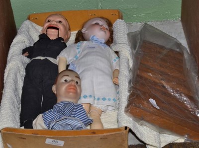 Lot 85 - An Armand Marseille 390 bisque head doll, ventriloquist doll, another and a wooden xylophone (4)