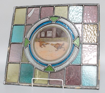 Lot 1124 - A Leaded Stained Glass Cockfighting Panel,...