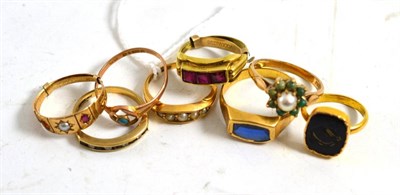 Lot 102 - Eight various gold enamel and gem set rings