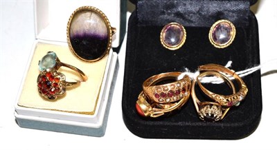 Lot 108 - A Blue John set ring and pair of earrings, seven various gem and paste set dress rings