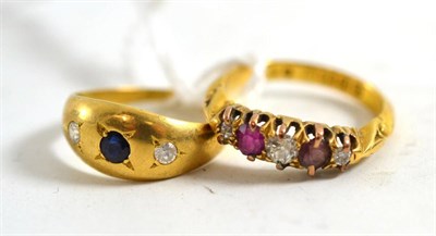 Lot 113 - An 18ct gold ruby and diamond ring and a gypsy set ring