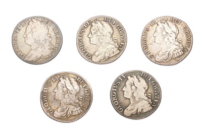 Lot 127 - 5x George II, Shillings, comprising; shilling...