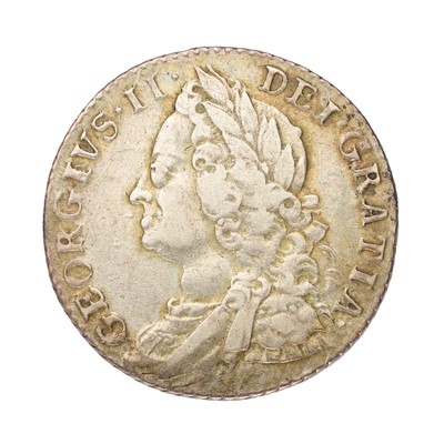 Lot 70 - George II, Shilling 1750/46; old laureate and...