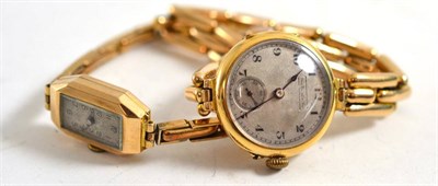 Lot 126 - A 15ct gold lady's wristwatch on an expanding bracelet, and an oblong 9ct gold lady's...