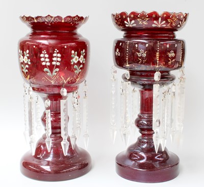 Lot 344 - Two Victorian Ruby Glass Table Lustres, 37cm high