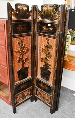 Lot 1115 - An Oriental Lacquered Four Fold Screen, 40cm...