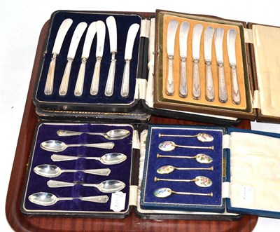 Lot 157 - A cased set of six silver gilt and enamel coffee spoons, Birmingham 1966; a cased set of six silver