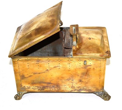 Lot 160 - A 19th century brass tavern tobacco box decorated with a simple geometric motif border on...