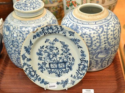 Lot 166 - Pair of Chinese blue and white ginger jars, one with cover and an 18th century Dutch tin glazed...