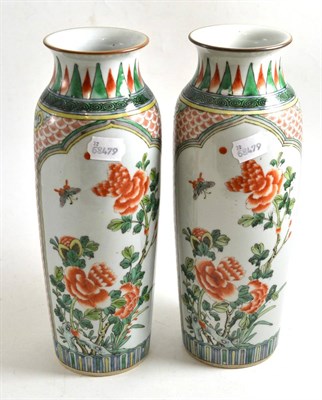 Lot 167 - A pair of Chinese famille verte cylindrical vases with waisted necks