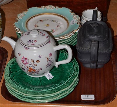 Lot 171 - A tray of decorative ceramics including a pearlware teapot and cover, a black basalt teapot and...