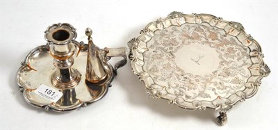 Lot 181 - An Old Sheffield Plate waiter and a chamber stick with snuffer (2)