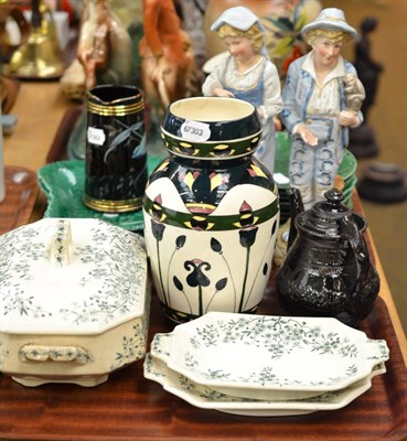 Lot 182 - Two trays of ceramics including green glazed Wedgwood plates, two 19th century bisque figures,...