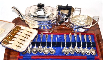 Lot 183 - Plated three piece tea set; a cased set of twelve teaspoons and sugar tongs; a cased set of six...