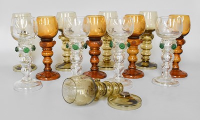 Lot 276 - A Set of 15 Coloured Hock Glasses, etched with...