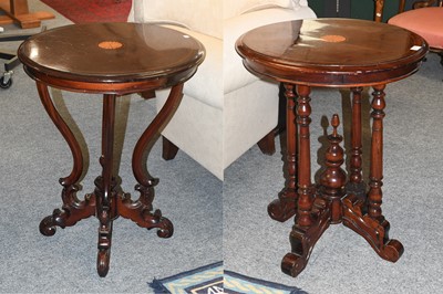 Lot 1187 - Two Similar Inlaid Mahogany Circular Lamp...