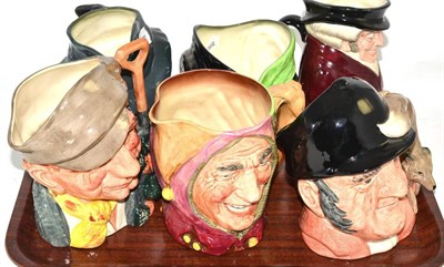 Lot 194 - Six large Royal Doulton character jugs - The Huntsman (Toby), Gone Away, Touchstone, Sairey...