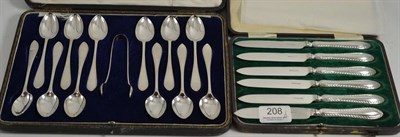 Lot 208 - A cased set of twelve silver teaspoons and tongs and a set of six tea knives