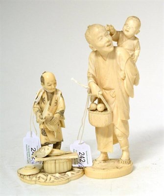 Lot 242 - A Japanese Ivory Okimono, Meiji period, as a man carrying a small child on his back, an insect...
