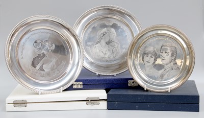Lot 78 - Three Elizabeth II Silver Commemorative Plates,...