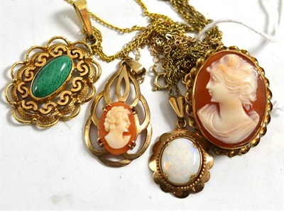 Lot 237 - Three assorted pendants on chains and a 9ct gold cameo brooch