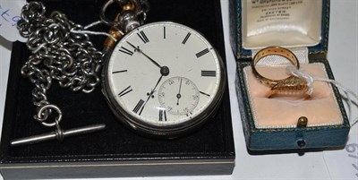 Lot 240 - A silver pocket watch with chain, an 18ct gold diamond ring (two stones missing) and a 9ct gold...