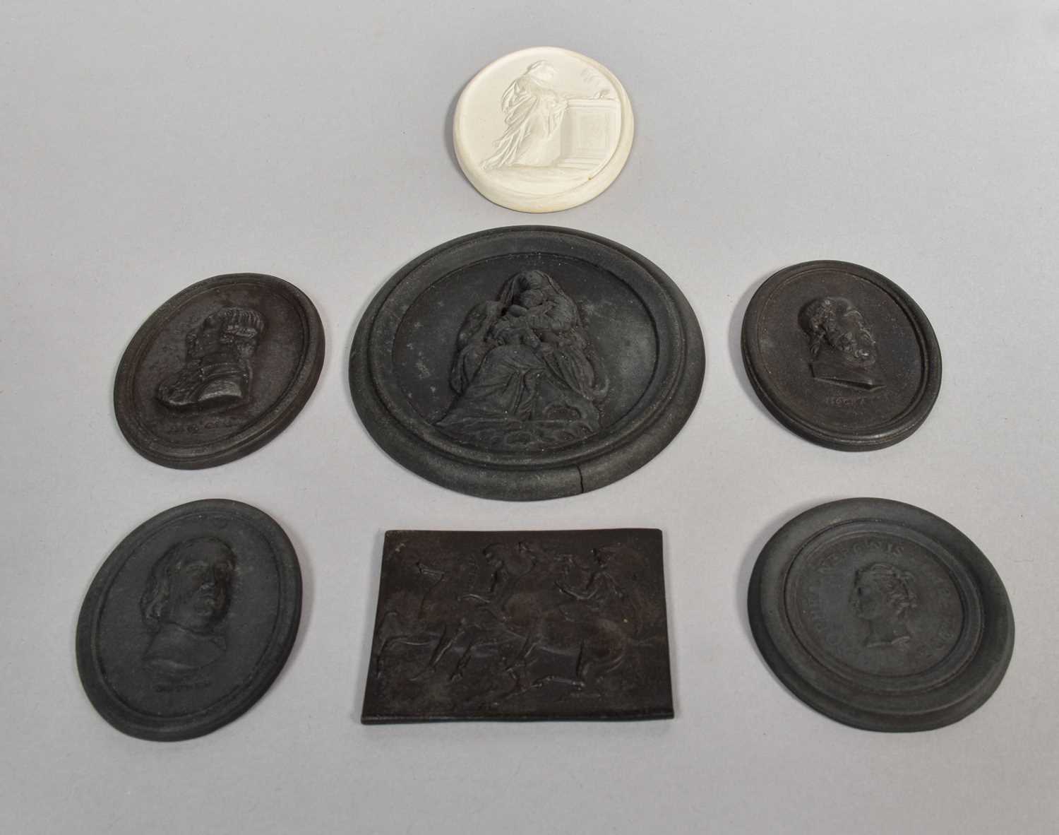 Lot 232 - Six Leeds Pottery Black Basalt Plaques, 19th...