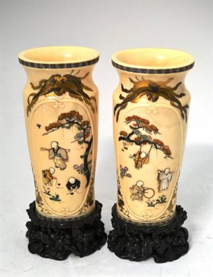 Lot 245 - A Pair of Japanese Shibayama Inlaid Elephant Ivory Vases, Meiji period, each with key pattern...